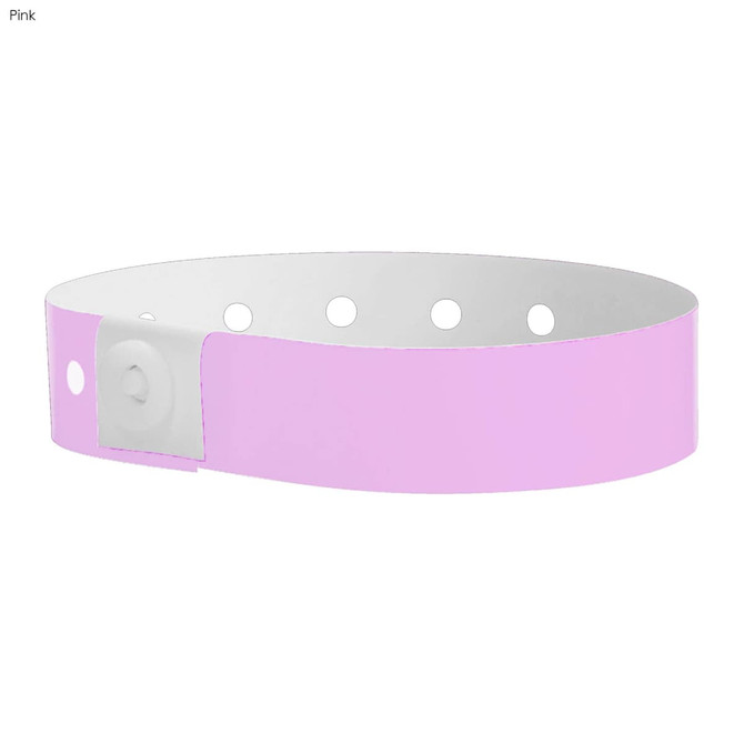 A pink vinyl wristband with white fastening and holes for adjustment, featuring a logo.