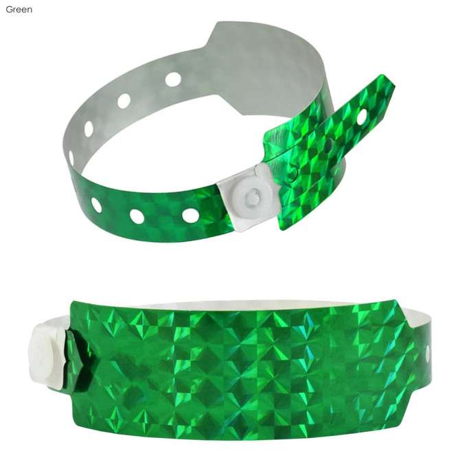 A green holographic wristband featuring a shiny, textured surface and adjustable fastener. It has branding on the side.