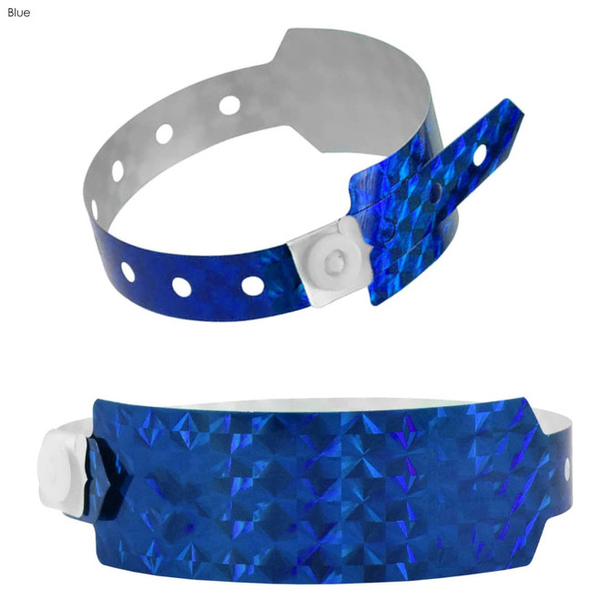 A blue holographic wristband with a secure fastening and multiple adjustment holes. Features a logo.