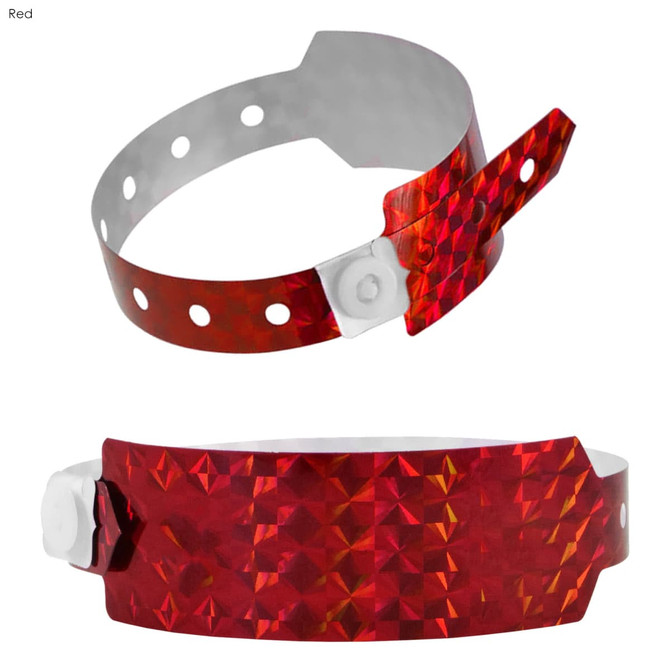A holographic red wristband with a textured finish, featuring holes and a snap fastener. It has a simple logo.