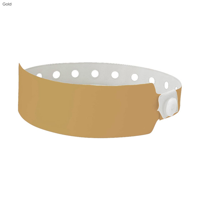 A gold plastic wristband with a white adjustable snap closure, featuring multiple holes.
