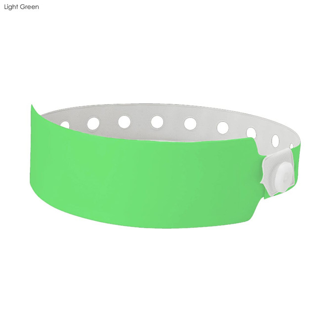 A light green plastic wristband with holes and a snap closure, suitable for events and exhibitions.