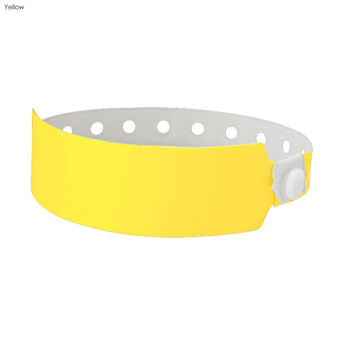 A yellow plastic wristband with holes for adjustability and a fastening button, featuring a logo.