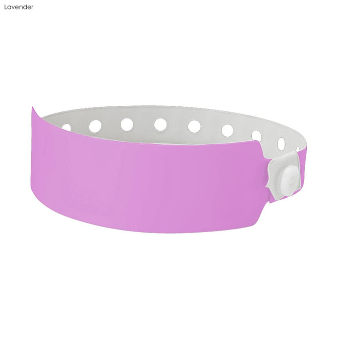 A lavender wristband with a flat design and holes for adjustability, featuring a snap closure and a logo.