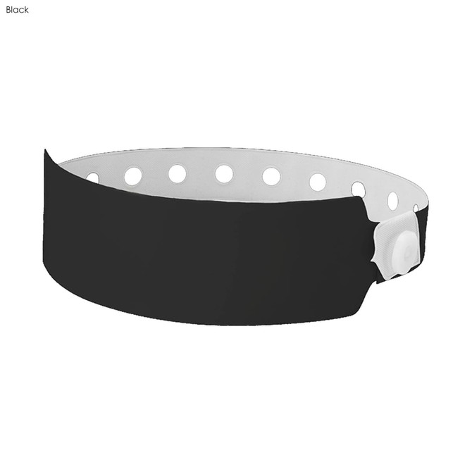 A black plastic wristband with holes and a fastening mechanism, designed for events and exhibitions.