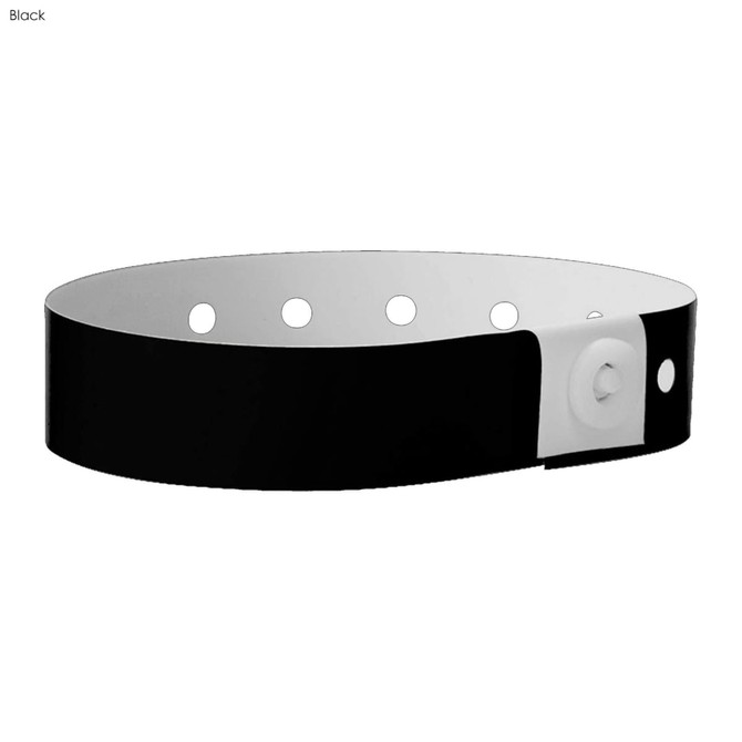 A black plastic wristband with a secure white snap button, featuring multiple holes for adjustable sizing.