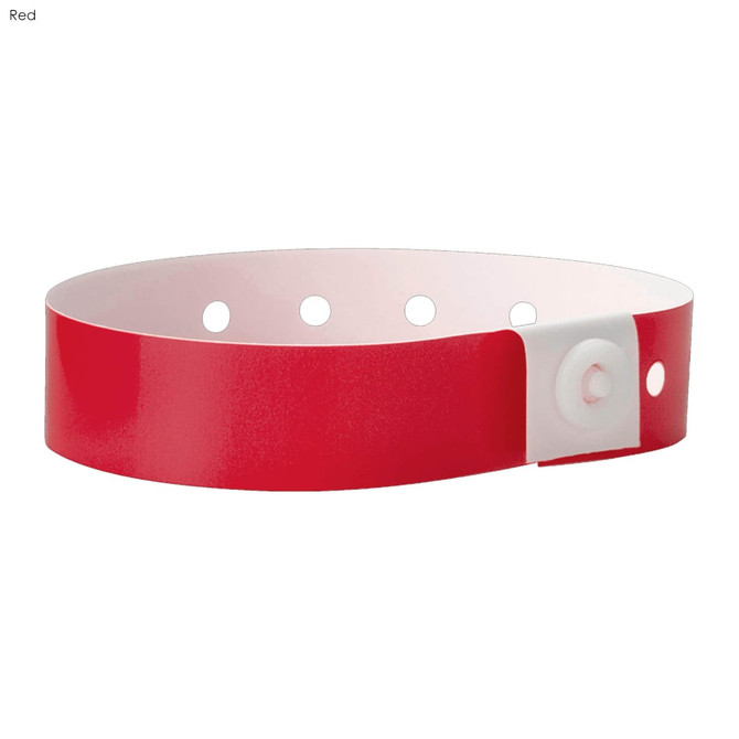 A red plastic wristband featuring a white fastener and multiple holes for adjustment. Includes a logo.