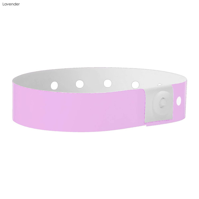 A lavender wristband with a white fastening and multiple holes for size adjustment. Features a logo.