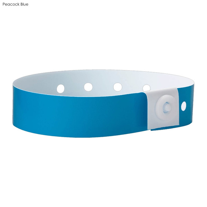 A peacock blue plastic wristband with adjustable holes and a secure fastener, suitable for events and exhibitions.