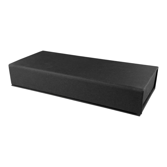 A black pen packaging box with a sleek design, featuring a simple, rectangular shape.
