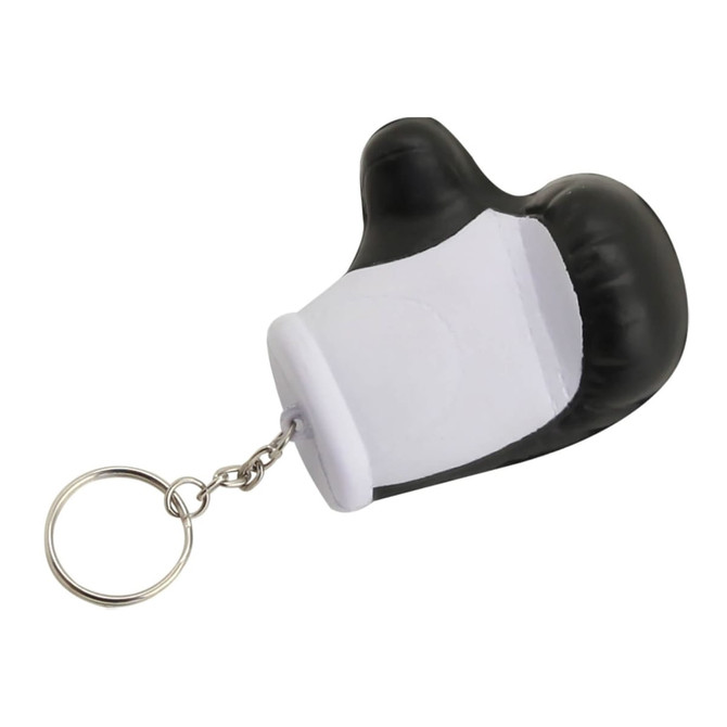 A black and white stress glove key ring with a silver keychain attachment. It has a branding logo on it.