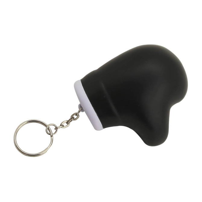 A black stress glove key ring with a metal chain, featuring a rounded design. It has a branded logo.