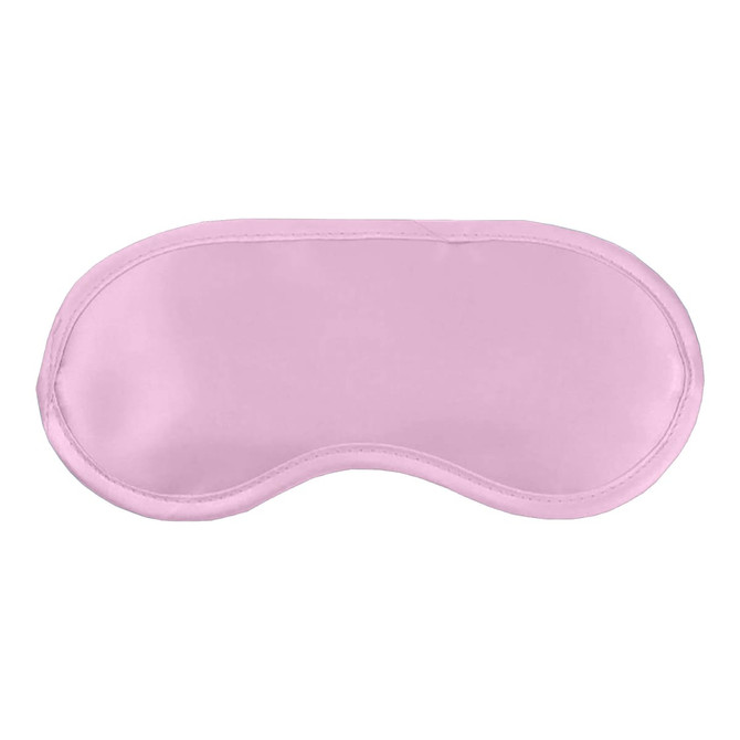 A pink satin sleep eye mask with a smooth surface and contoured shape. It features a logo.