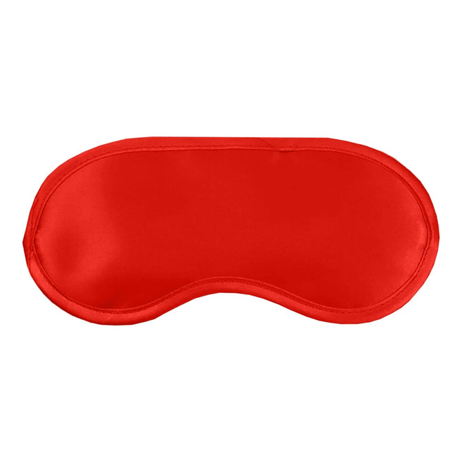 A red satin sleep eye mask with a smooth finish and contoured shape. Features a logo in the design.