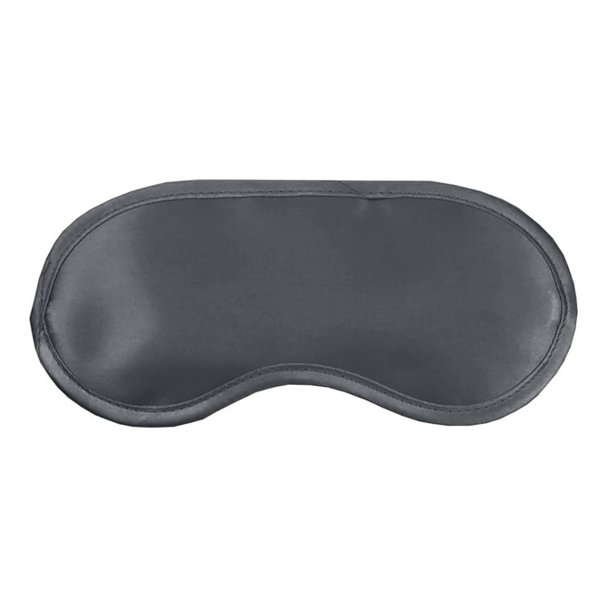 A dark grey satin sleep eye mask with a smooth texture and curved shape. It features a logo on one side.