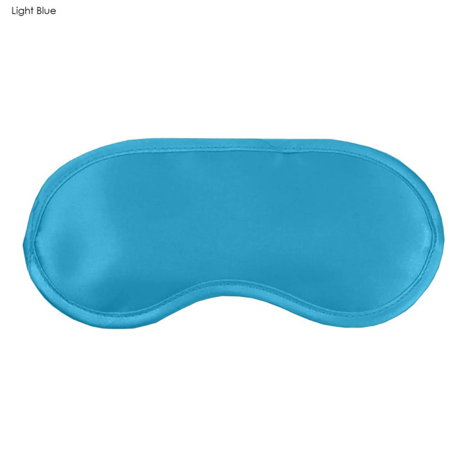 A light blue satin sleep eye mask, designed for comfort, with a smooth, soft texture. It features a logo.