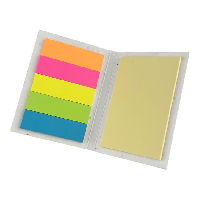 Sticky note pad featuring a range of bright colours including pink, orange, green, blue, and a yellow note section, with a logo.