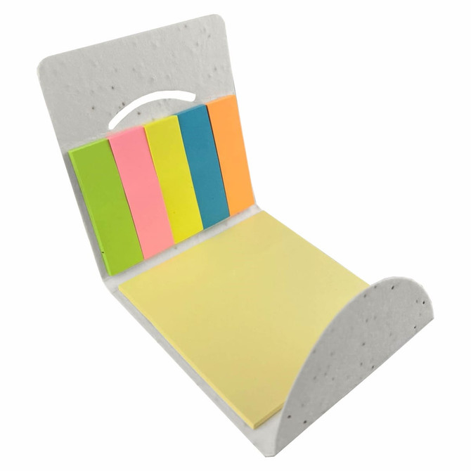 A sticky note pad with a white base, featuring pink, green, yellow, and orange sticky notes. Includes a logo.