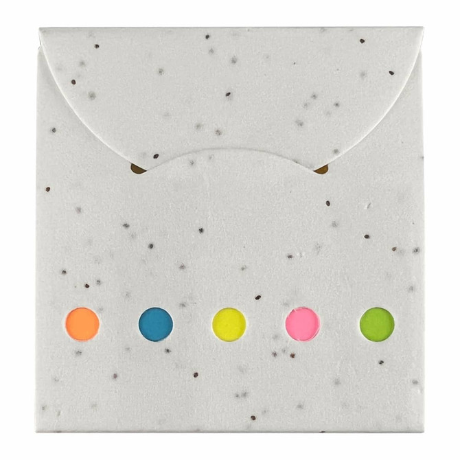 A sticky note pad with a speckled white cover and five coloured sticky notes in pink, yellow, blue, orange, and green.