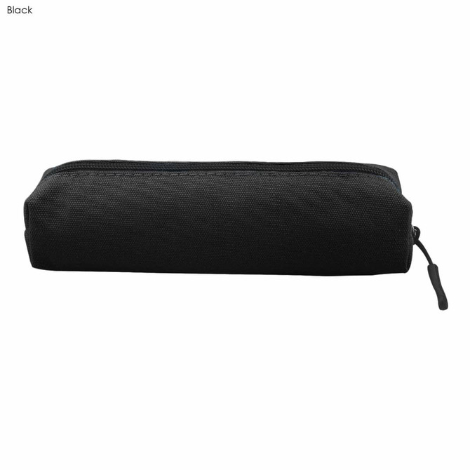 A black canvas tube pencil case with a zip closure and a small pull tab. It features a logo.