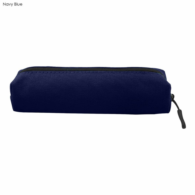 A navy blue canvas pencil case with a zipper closure and a simple design, featuring a logo.