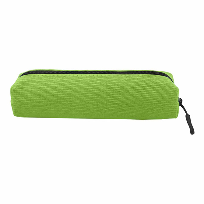 A green canvas pencil case with a black zipper, featuring a logo on one side.