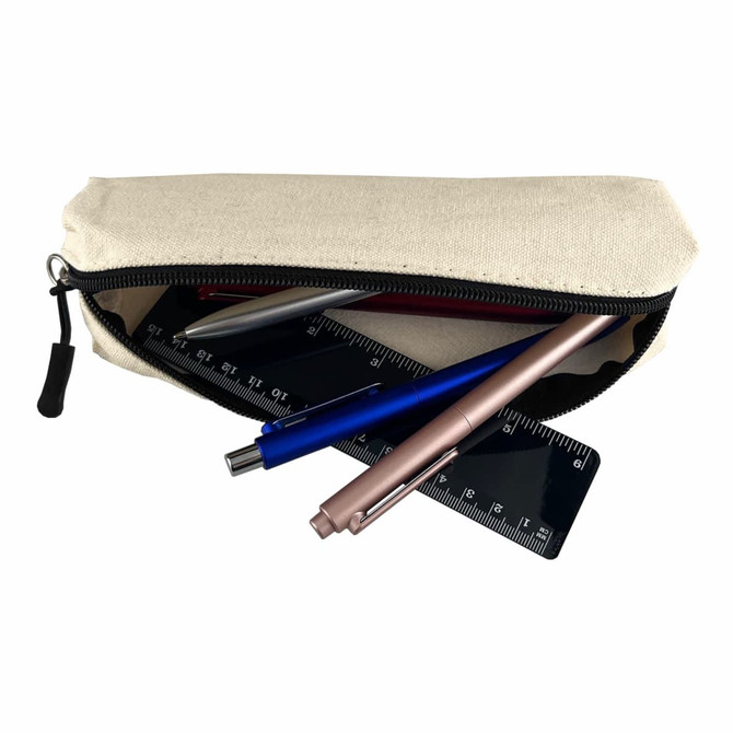 A canvas tube pencil case in natural colour, filled with pens and a ruler, featuring a black zipper.