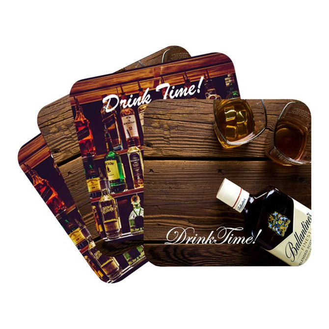 A set of square cardboard coasters featuring a rustic wooden background, glasses, and a drink bottle.