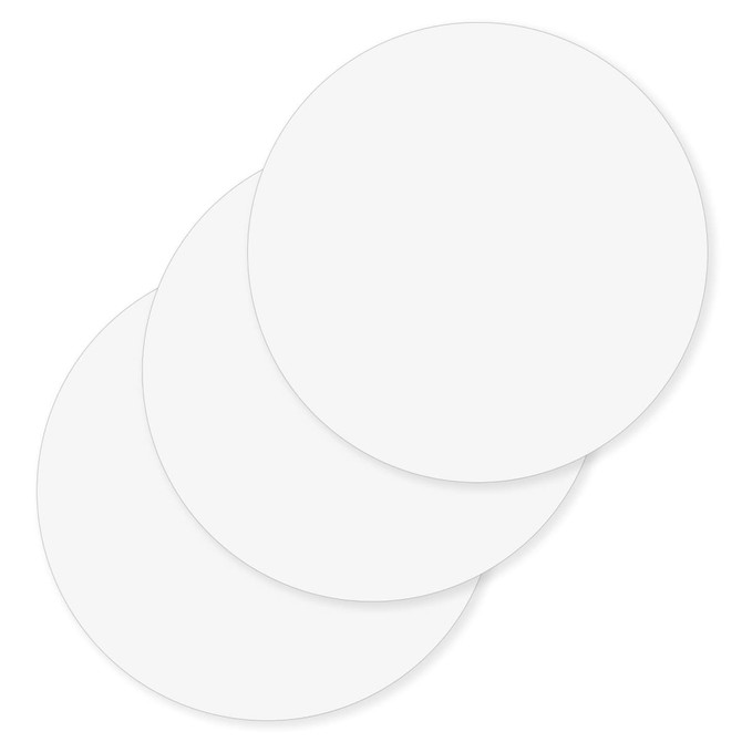 Three round, white cardboard coasters stacked together, with a subtle shadow effect.
