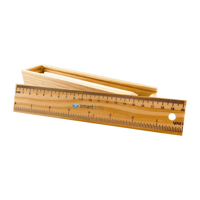 A wooden ruler with measurements and a matching wooden case. The ruler features a logo.