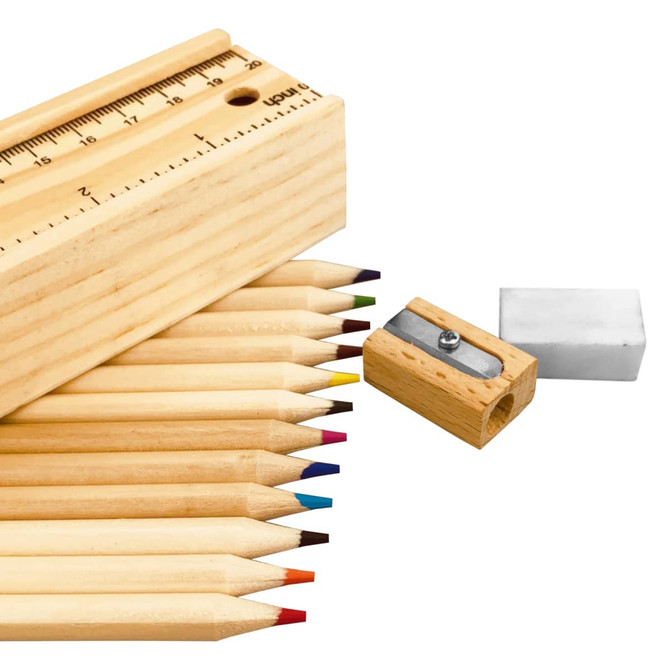 A wooden ruler, sharpener, eraser, and a set of vibrant coloured pencils arranged neatly.