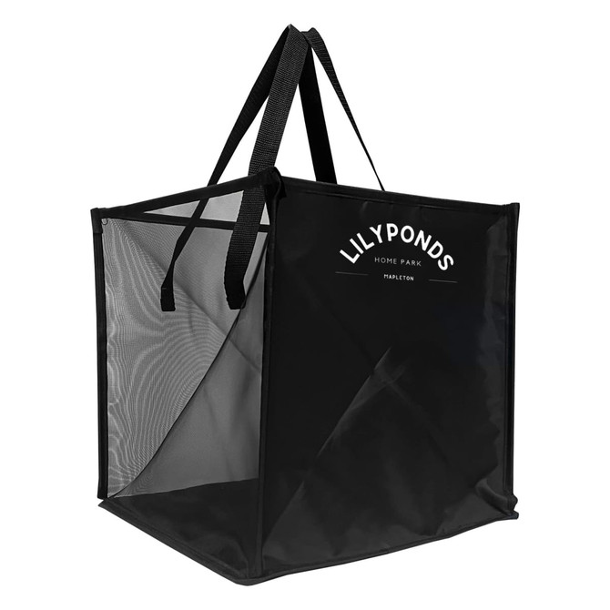 A black laundry basket with mesh panels and two handles, featuring a logo on the front.