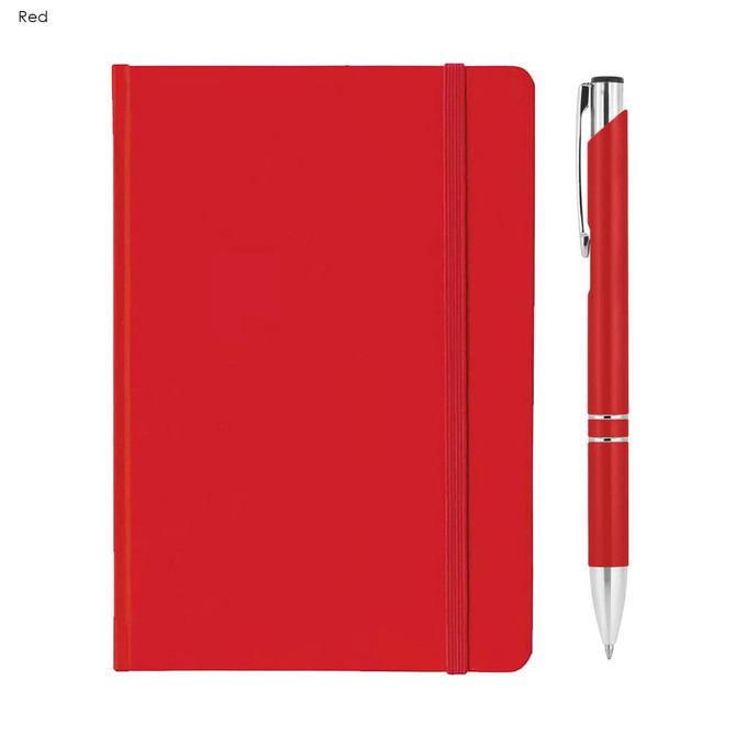 A red A5 notebook with an elastic band and a matching red pen, accompanied by a logo.