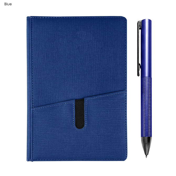 A blue notebook with a black clasp and a matching blue pen, featuring a textured surface and a branding logo.