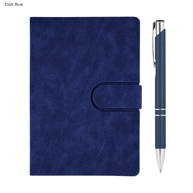 A dark blue notebook with a clasp and a matching pen beside it, featuring a sleek design.