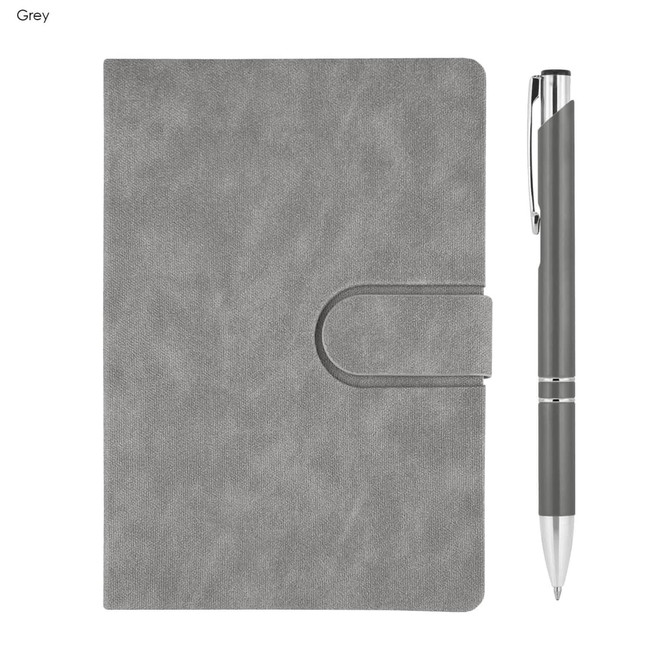 A grey notebook with a clasp and a matching pen beside it. The notebook has a smooth finish and a logo.