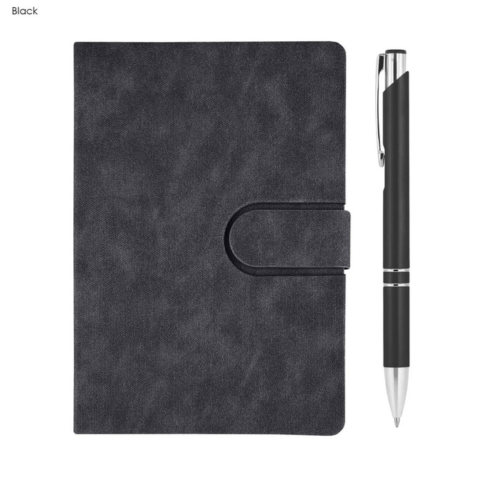 A black notebook with a clasp alongside a sleek black pen. The set features a logo on the notebook.