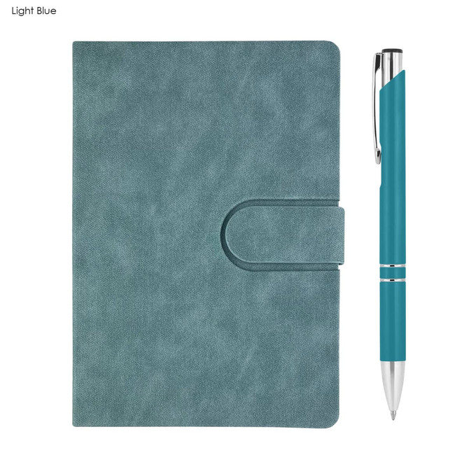 A light blue notebook with a clasp and a matching pen, both featuring a sleek design. The notebook has a logo.