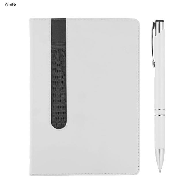 A white notebook with a black elastic band and a silver pen beside it. The notebook features a textured cover and a logo.