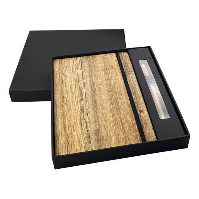 A wood look notebook and pen set in a black gift box, featuring a natural wood grain design.