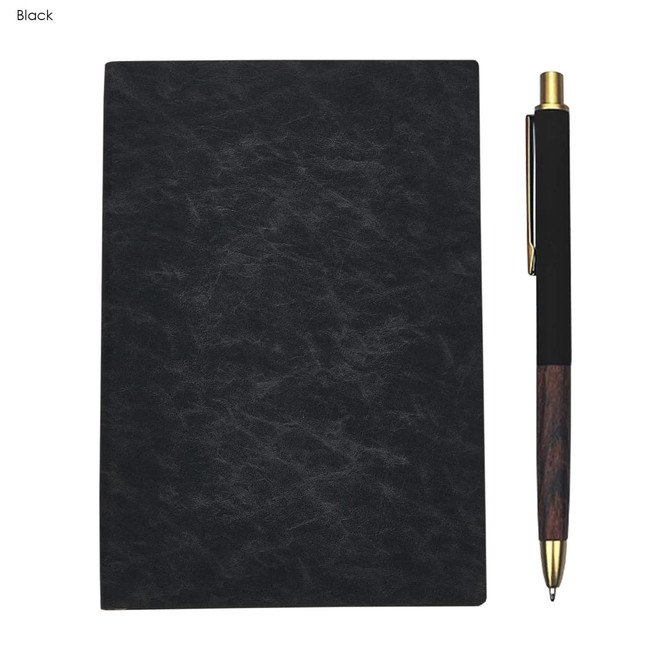 A black notebook with a textured cover and a black pen with a wooden accent, featuring a logo.
