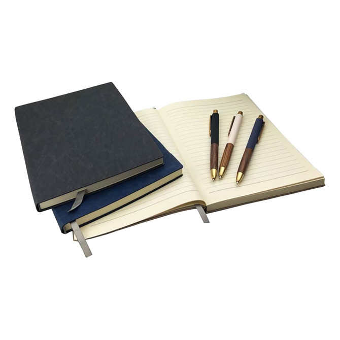 A black and blue Falby notebook set with an open lined notebook and three pens in various colours.