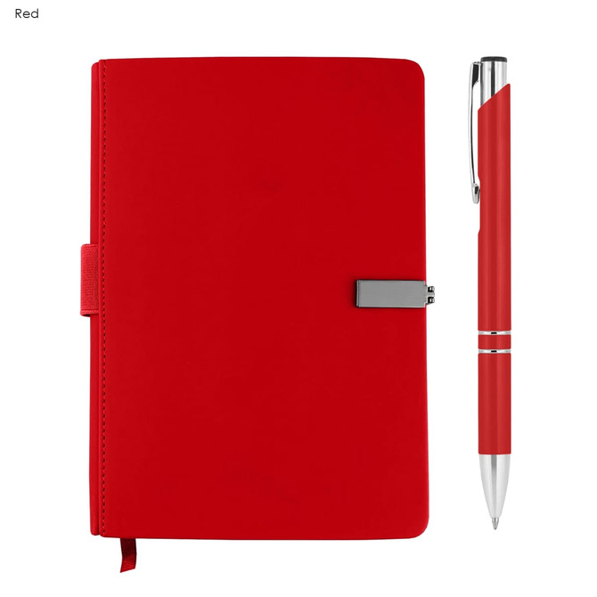 A red notebook with a clasp and a matching pen, featuring a logo on the pen.