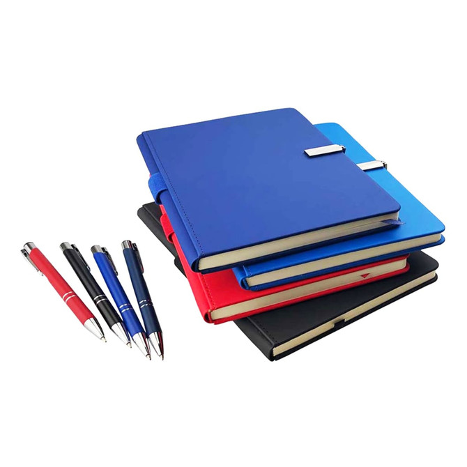 A collection of notebooks in blue, red, and black with matching pens in blue, black, and red. The notebooks include branding.