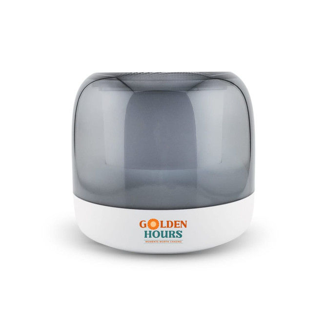 A grey and white speaker with a smooth, rounded design, featuring a logo on the front.