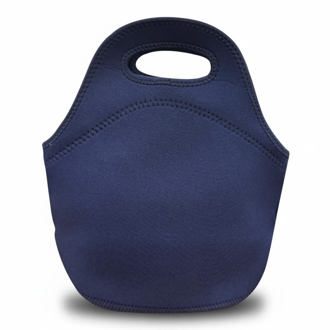 A navy blue neoprene lunch bag with a handle, featuring a sleek and simple design.