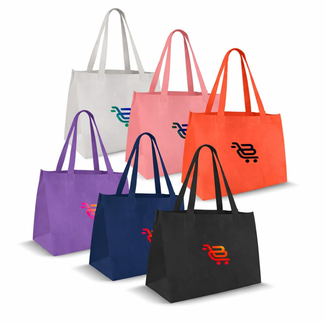 A collection of medium non woven totes in various colours: grey, pink, orange, purple, black, and white with logos.