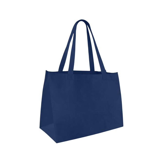 A medium non-woven tote bag in navy blue with two sturdy handles and a simple design.