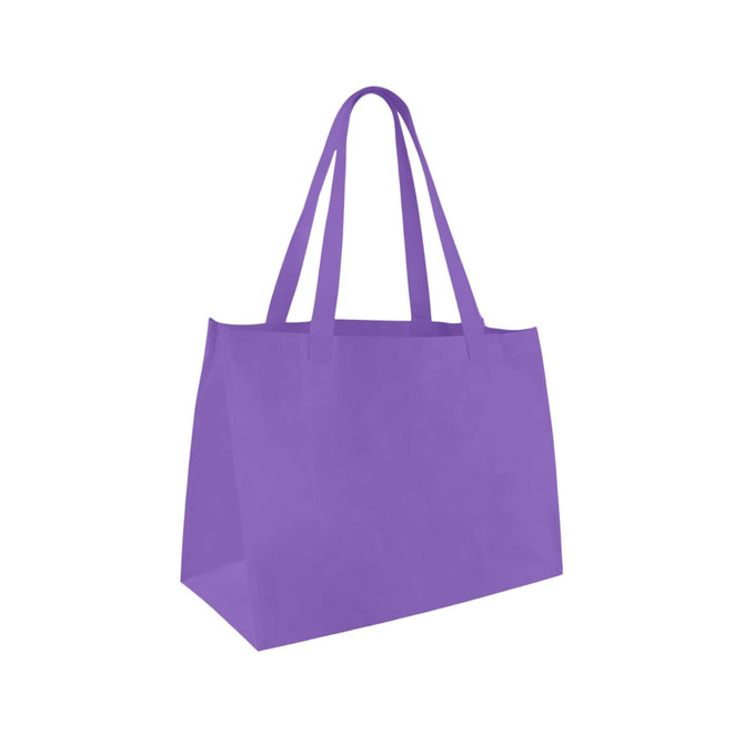 A purple medium non-woven tote bag with long handles and a simple design. It features a logo.