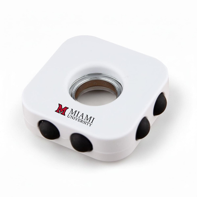 A white decompression finger spinner featuring three black buttons and a logo.